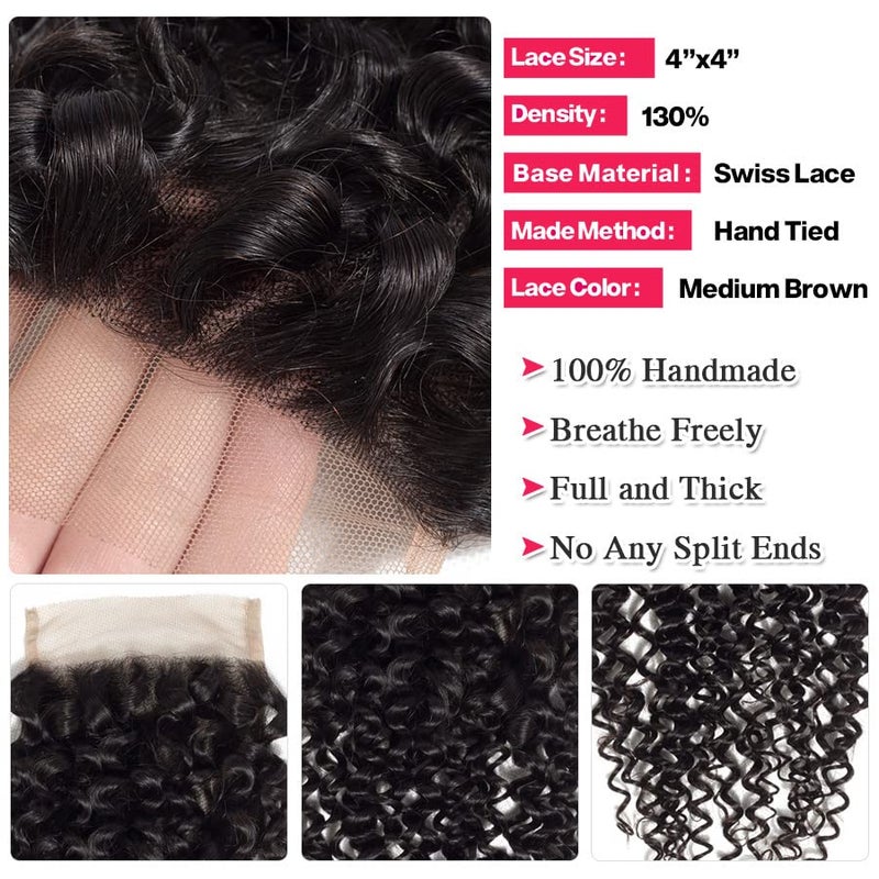 Jinhongze Kinky Curly Lace Closure Human Hair 8inch 4x4 Free Part Lace Closure, Natural Black Kinky Hair Brazilian Virgin Human Hair Swiss Closure(8") - Image 2